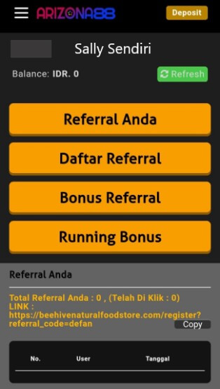 Menu Fitur Referral Arizona88